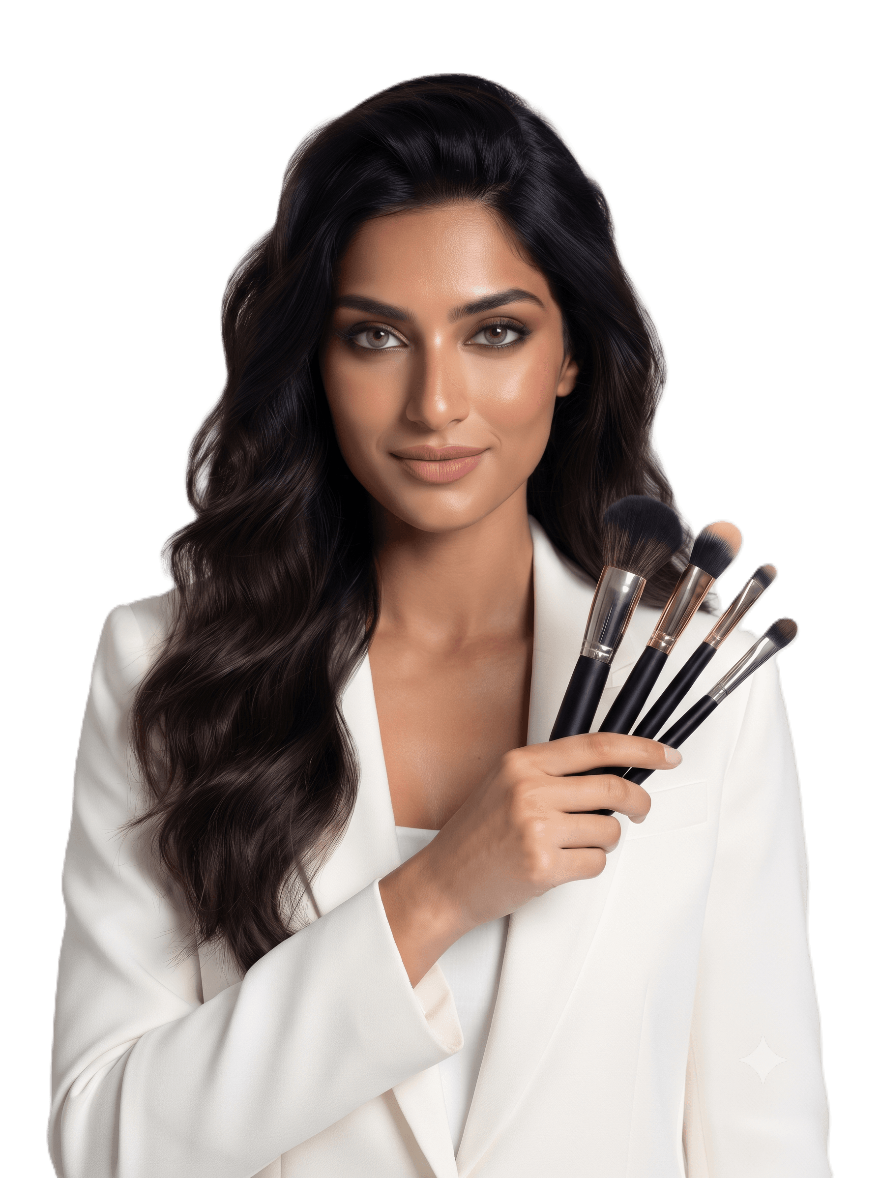 Beauty professional holding makeup brushes